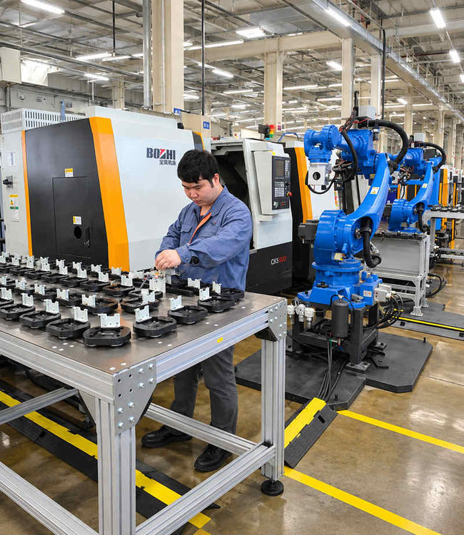 VICC inspector checking machined parts on production line
